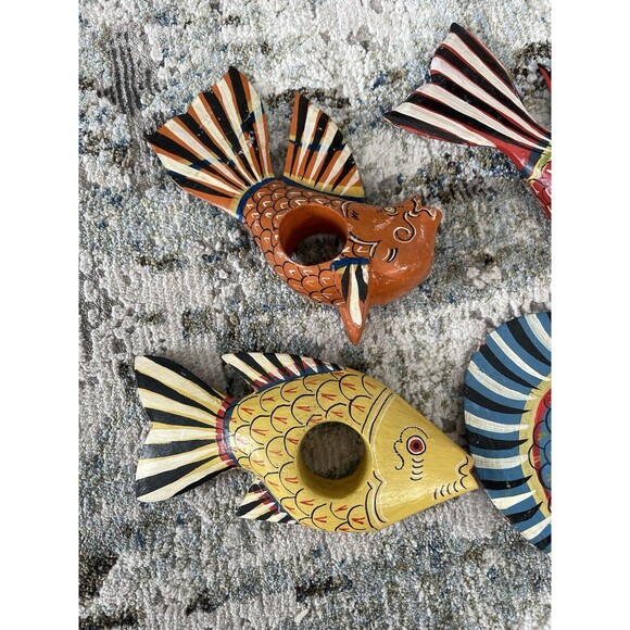 Set of 6 Wooden Hand Painted Napkin Ring Fish Tropical Island Beach Summer Ocean - Picture 2 of 8